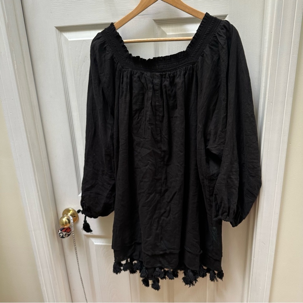 Apiece Apart Tewa Dress 10 Black Cotton Gauze Mini Tassel Square Neck Boho Chic - Picture 3 of 6